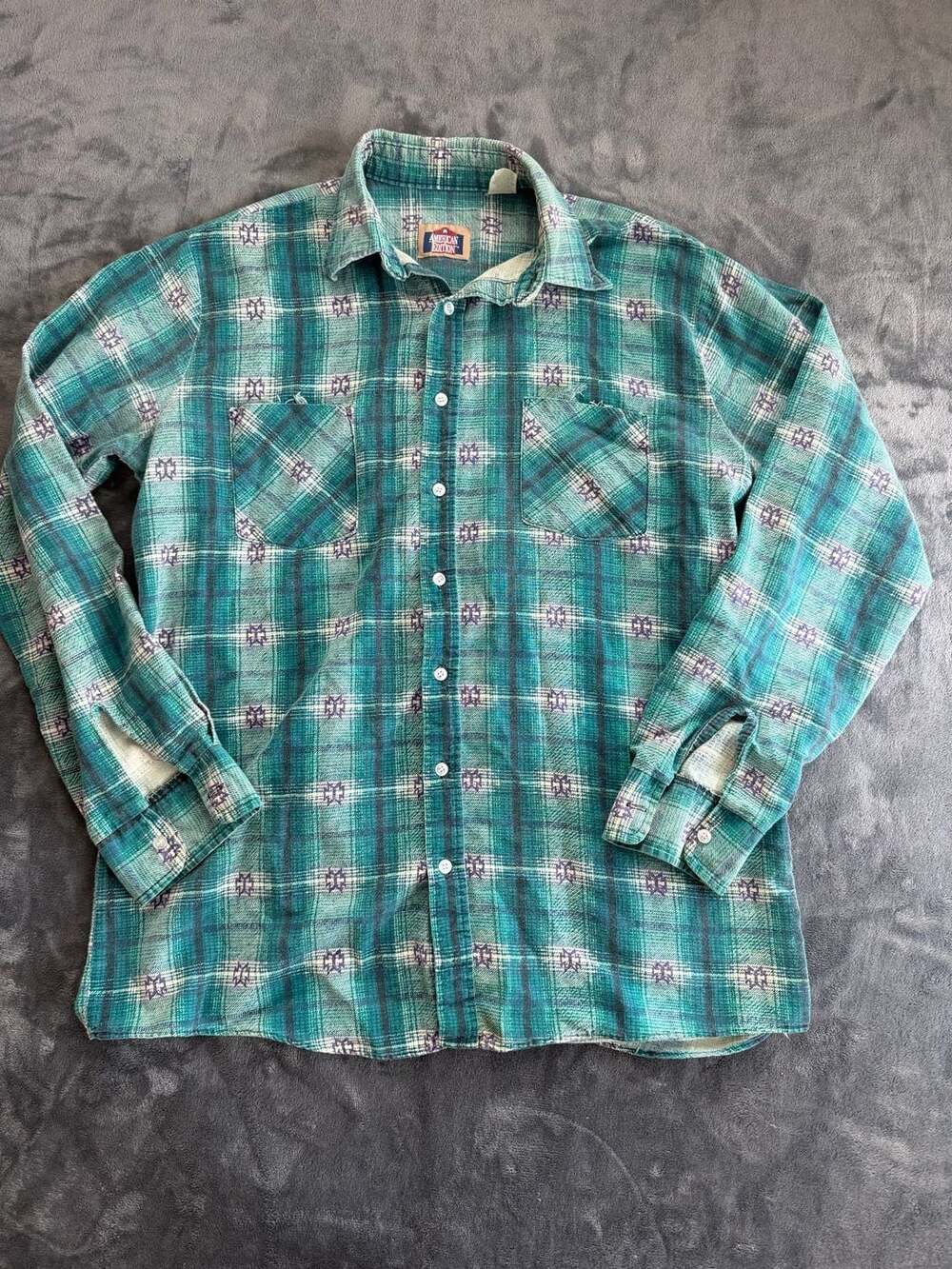 American Edition Aztec Pattern Plaid Long Sleeve Button Up Flannel Shirt